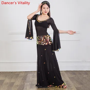 

Belly Dance Practice Outfits Winter Women New Split Sleeve Sparkling Sequin Dress Oriental Indian Dancers Stage Performance Set