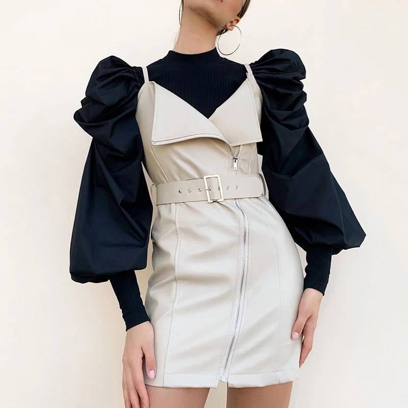 Goedkoop Twotwinstyle Causale Patchwork Breien Ruches Vrouwen Truien O Hals Lantaarn Lange Mouwen Trui Voor Vrouwelijke Mode Kleding Nieuwe