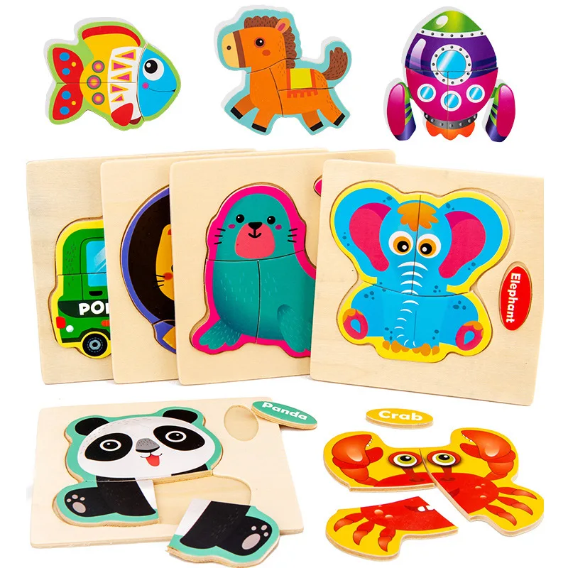 3D Wooden Puzzle Jigsaw Toys For Children Wood 3d Cartoon Animal Puzzles Intelligence Kids Early Educational Toys for children 4