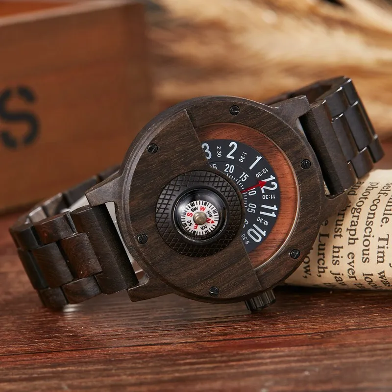 Multifunctional Wooden Wristwatch Men Quartz Wrist Watches Fashion Man Clock Black Walnut Red Rose Wood Band Dial Case Reloj
