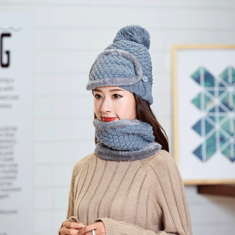 Женская шапка шарф Комплект масок утолщенная теплая женская уличная ветрозащитный для езды ушной лоскут вязаная шапка плюшевая шапочка с помпоном осень зима