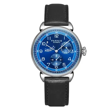 

PARNIS 42mm blue dial silver marks mineral glass power reserve indicator automatic movement men's wrist watches