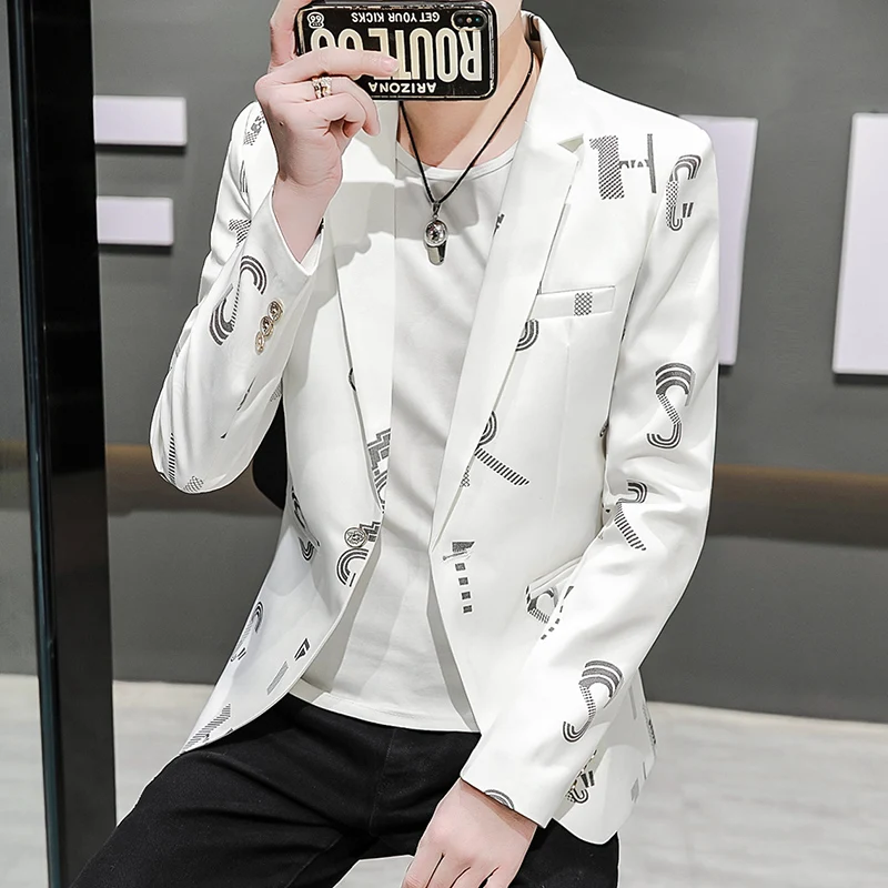 2021 Korean Slim Men Blazers Casual Suit Jacket Autumn Street Wear Social Men Clothing Wedding Business Printing Dress Coat 3XL