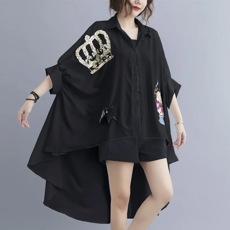 Foreign Trade Shirt Women's Beaded Fashionable Polo Collar Bright Piece Three-Dimensional Decoration Trendy plus-Sized Top | Женская