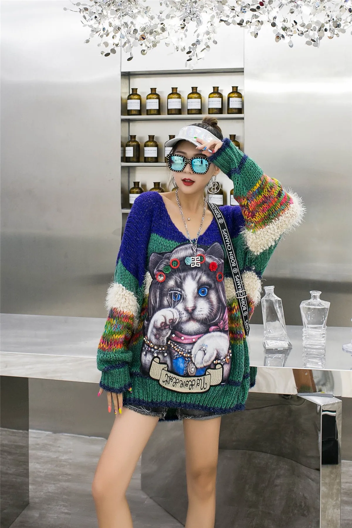 Gato dos Desenhos Camisola do Natal Inverno Novo Animados Solta Médio Longo-gola v Longo-sleeved Camisola Mulher Mulheres Pullovers Cabolsa Feio 2020 13 Cheap Pulôveres