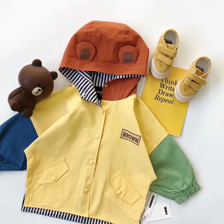 

Moe than Home roxin long Autumn Men And Women Child Brown Bear Printed Contrast Color Trench Coat Kmm007