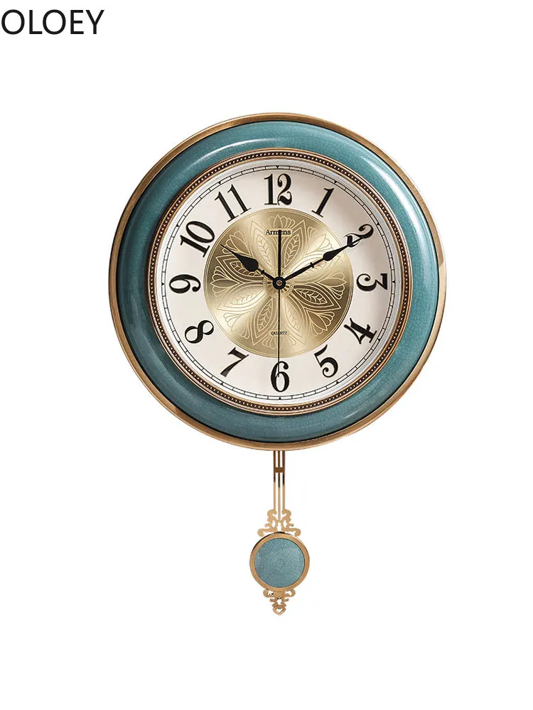Luxury Blue Gold Large Wall Clock with Pendulum - Metal Vintage Wall Clock for Living Room Home Decor image 6