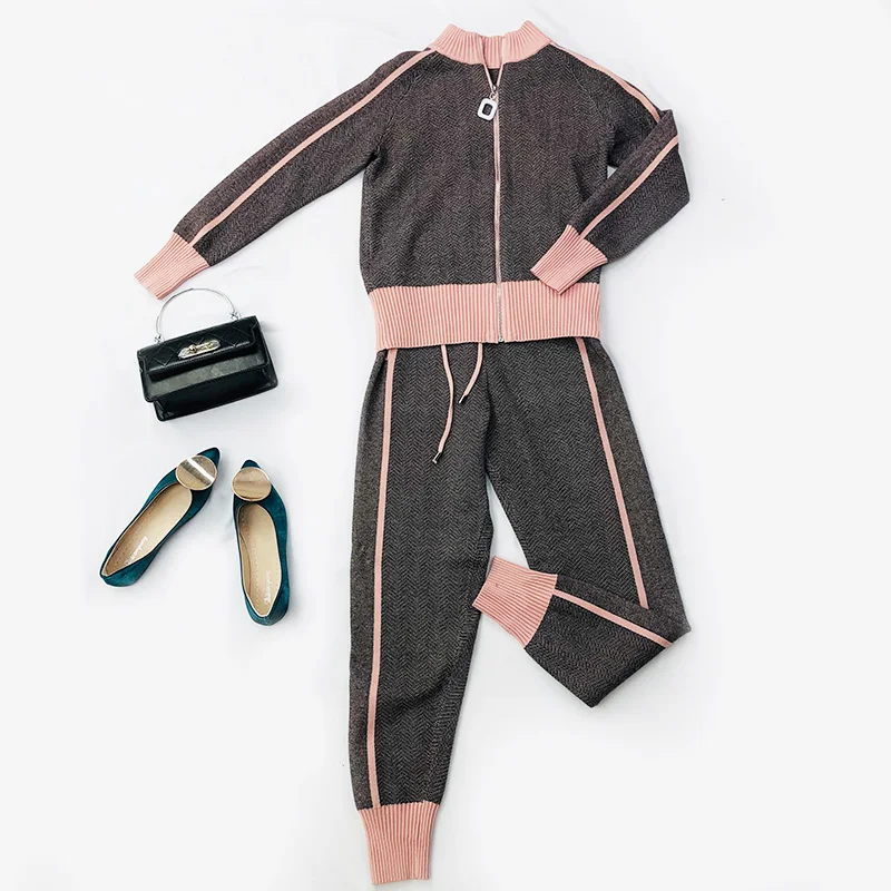 

JSXDHK New Women Knitting Tracksuit 2019 Fall Winter Zip Long Sleeve Pink Hit Color Striped Sweater + Trousers Pencil 2PCS Suits