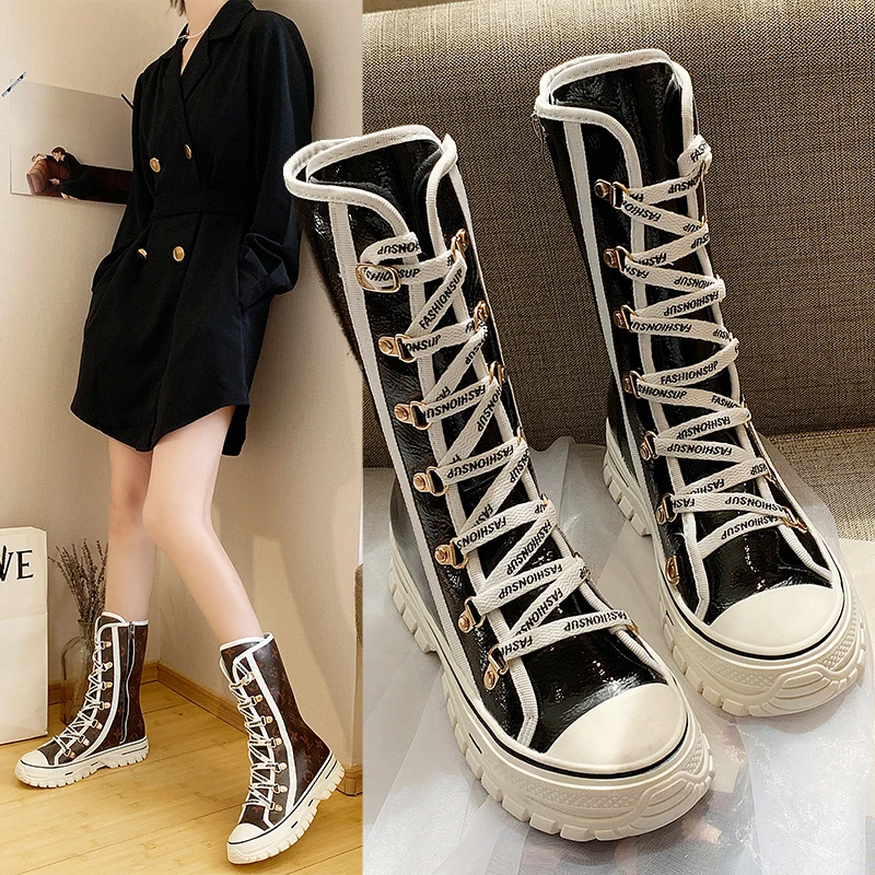 

Style Mid-calf Boots Women warm Winter Shoes Pu Leather Gothic Military Boots Women 2019 Long Boots Lady Fashion Booties