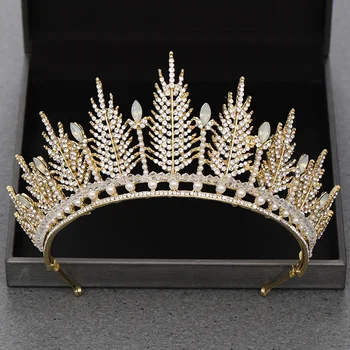 

NPASON Rhinestone Feather Pearl Tiaras Bride Crown Hair Accessories Golden Wedding Crown Headpiece Bridal Tiara Jewelry Diadem