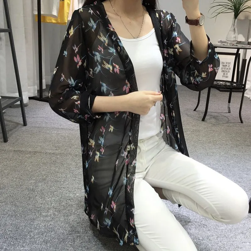 Стильный женский модный Повседневный Кардиган с длинным рукавом из шифона с принтом птиц, длинная свободная блузка, рубашка