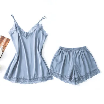 

Satin Silky Sleep Set 2PCS Pajamas Suit Women Lace Patchwork Nightwear Intimate Lingerie Casual Home Clothes Strap Top&Shorts