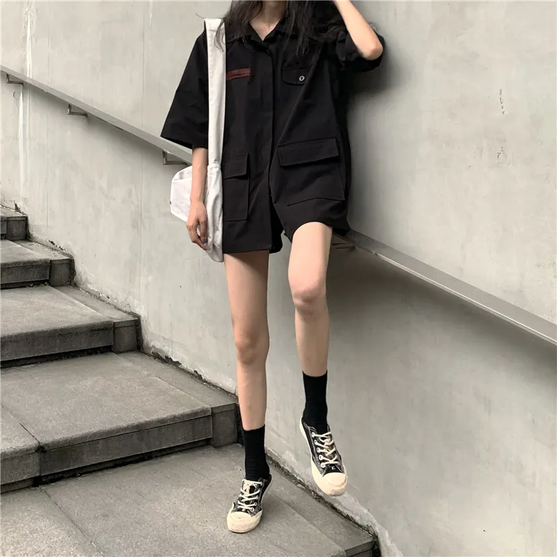 Летняя женская одежда новая брендовая корейская мода Harajuku стиль сафари блузка отложной воротник карманы Свободные повседневные хипстерские рубашки