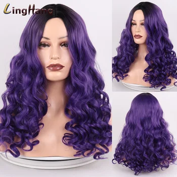 

LINGHANG Long wavy wigs brown purple high temperature synthetic woman wig african american cosplay wig
