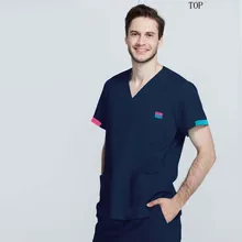 Мужская медицинская униформа, чистый хлопок, короткий рукав, топ, доктор, одежда для медсестер, Классическая рубашка с v-образным вырезом, цвет блокирует дизайн(только топ