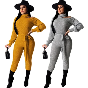 

Full Sleeve Slim Solid Women Rompers Spring Autumn High Collar Knitted Long Trousers Playsuit For Sexy Lady Sashes Jumpsuit Suit