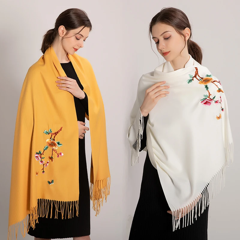

2019 New Winter Warm Solid Scarf For Women/Lady Soft Pashmina Shawls Begonia Flower Embroidery Cashmere Female Wraps Capes