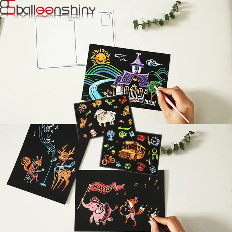 

BalleenShiny 4Pcs Kids Magic Scratch Paintings DIY Toys Animals Castle Drawings Kid Educational Learning Toys Child Gifts