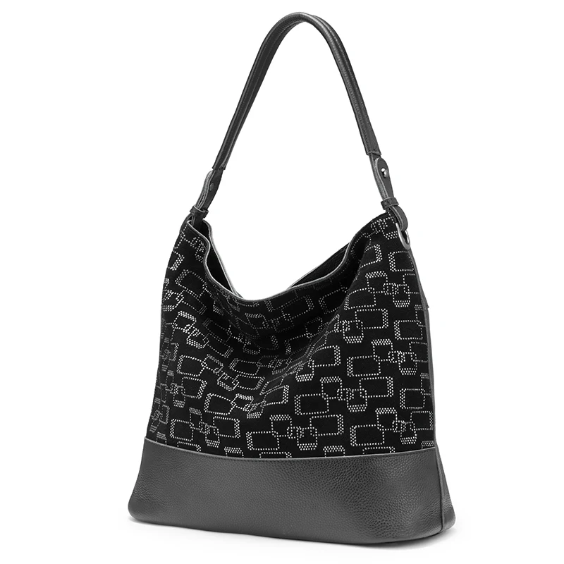 REALER женская сумка из натуральной кожи сумки для женщин Большая Сумка hobos Лоскутная сумка на плечо Женская мода - Цвет: Black-Silver