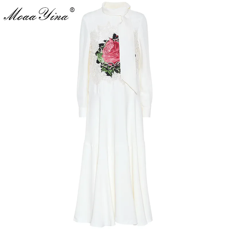

MoaaYina Fashion Designer Runway dress Spring Autumn Women Dress Bow collar Long sleeve Lace Patchwork Rose Elegant Long Dresses