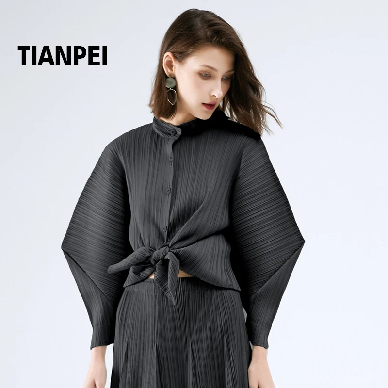 Женская плиссированная рубашка Miyake, Свободный кардиган с высоким воротником и длинным рукавом летучая мышь, на пуговицах, лето осень 2020| | | АлиЭкспресс