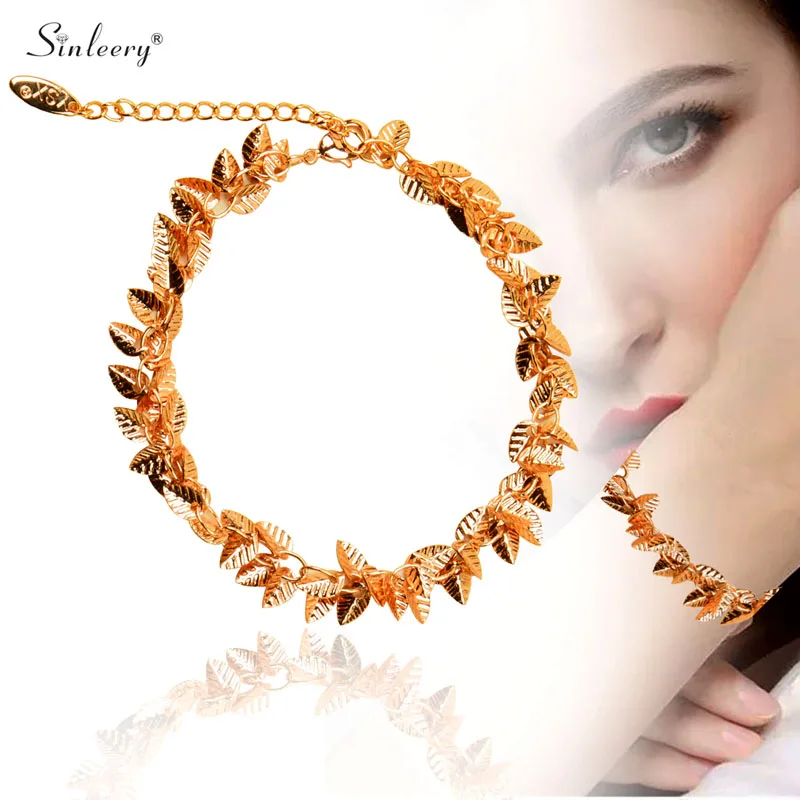

SINLEERY Dense Star Leaf Chili Shape Adjustable Bangle For Women Yellow Gold Color Beautiful Bracelet Fashion Jewelry SL202 SSB