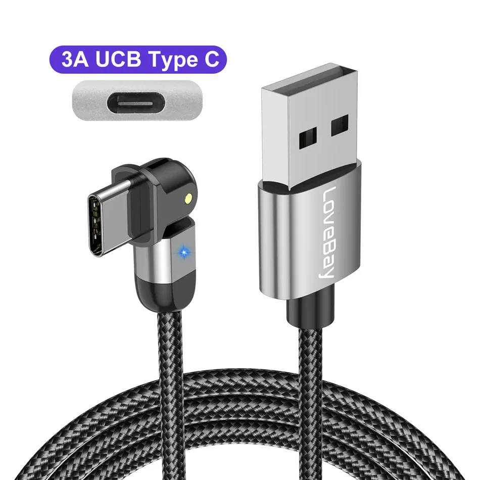 long iphone charger Lovebay 180º Rotation USB Cable Rotate Type C 3A Fast Charge Wire LED USB C Cable for Samsung Galaxy Huawei Xiaomi Mobile Phone fast charging cable for android Cables