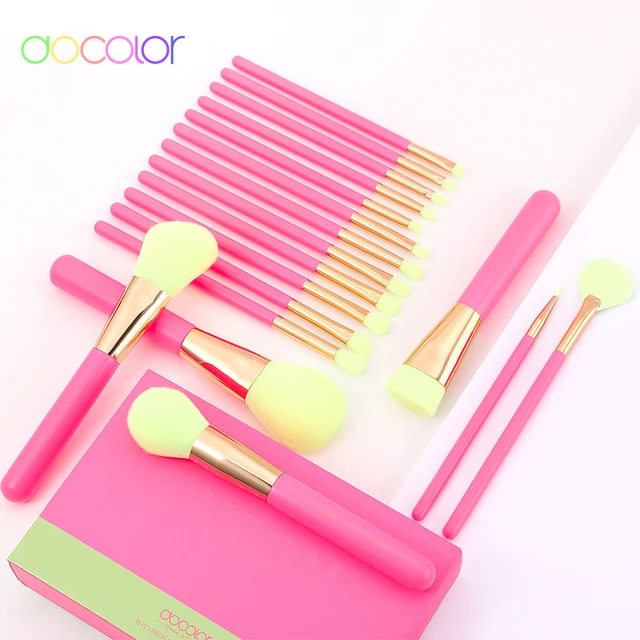 Docolor 18pcs Neon Pink Makeup Brush Set Powder Foundation Eye Shadow Blush Blending Beauty Synthetic Hair Make Up Brush 6