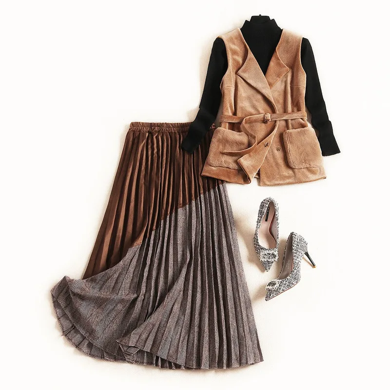 

Women faux lamb fur vest sashes 2 pockets + black knitted pullovers + pleated velvet skirt suit office elegant two piece set