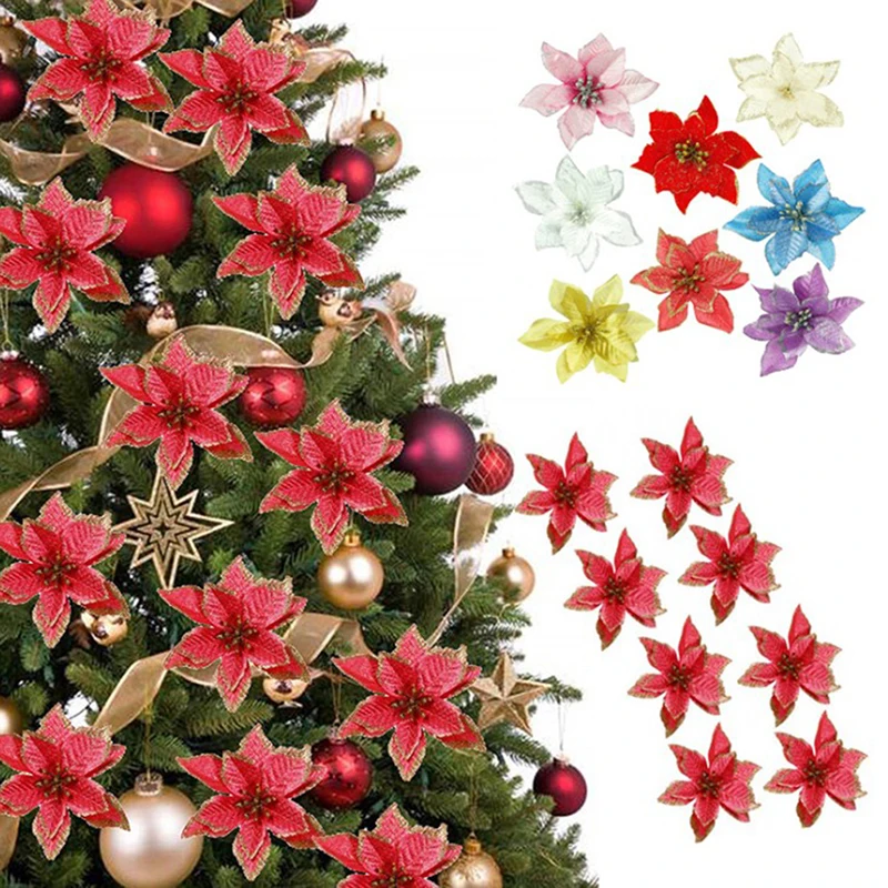 10 шт. блестящий цветок Poinsettia Рождественский Декор венок дерево украшения