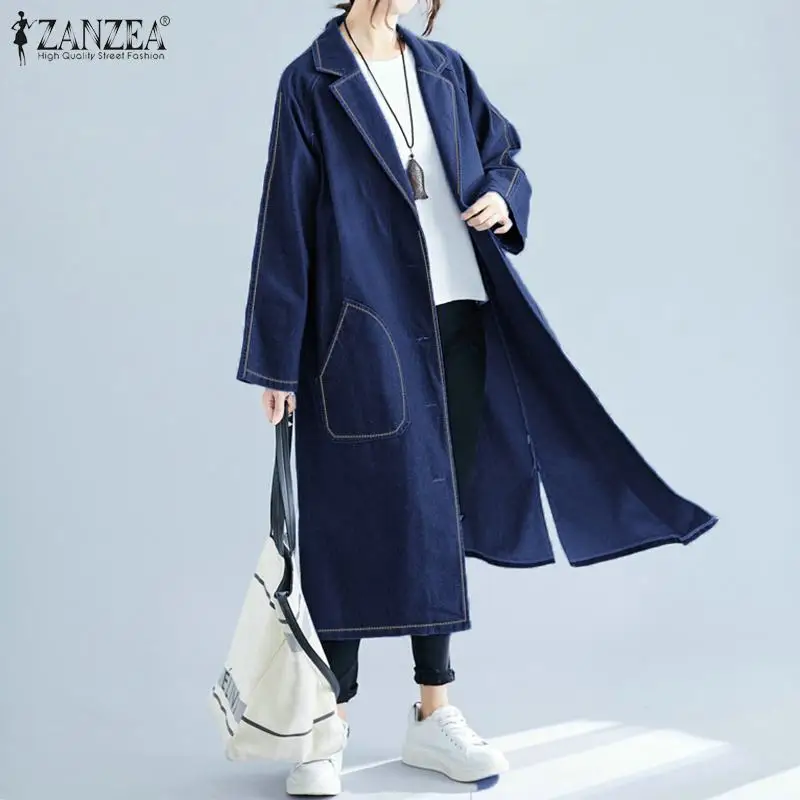 Promo  2019 Fashion Winter Women Denim Blue Coats Long Jackets ZANZEA Ladies Pockets Lapel Neck Overcoats 