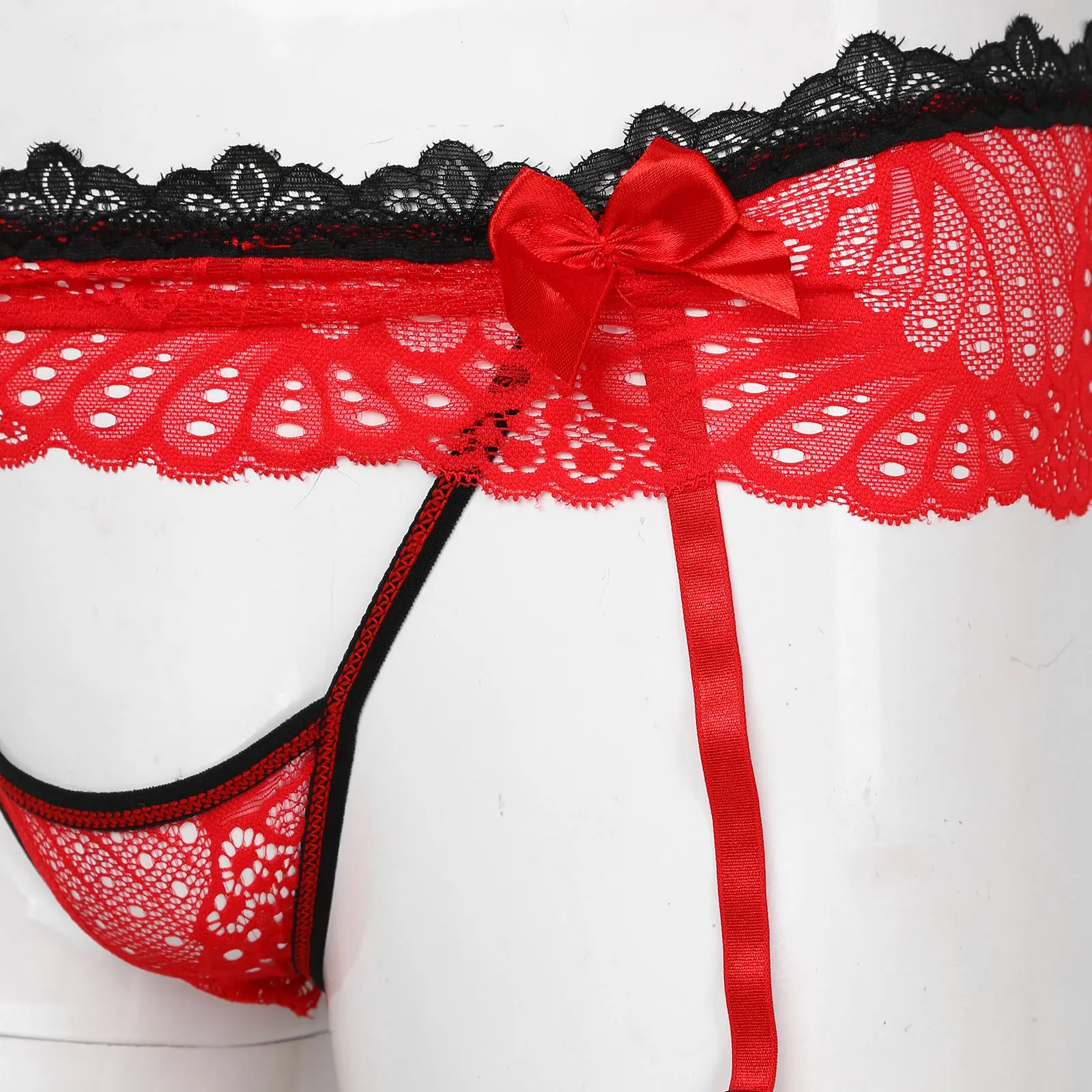 Male Gay Mens Sexy Exotic Panties Skirted Thongs Bowknot Crotchless T-Back Adjustable Garter Belt Lace G-String Sissy Underwear
