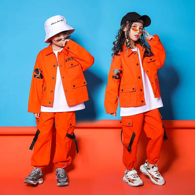 Jazz Costumes Orange Tooling Long Sleeve Jacket Pants Boys Street Dancing Clothes Hip Hop Dance Set Stage Dancewear Kids clothing sets black	