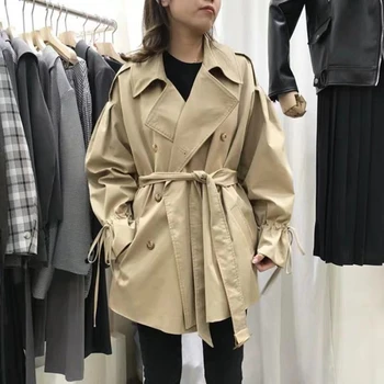 

Streetwear Classic Women Short Trench Coat Black/Khaki Fall Basic Coats Trench Femme Automne