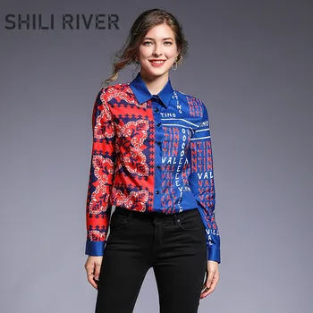 

New spring autumn designer blouse for women long sleeve slim casual vintage red blue elegant print fall shirt with collar