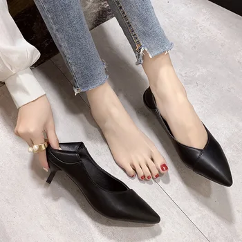 

2020 spring new high heel women fashion simple solid color leather soft comfortable pointed toe casual high heels