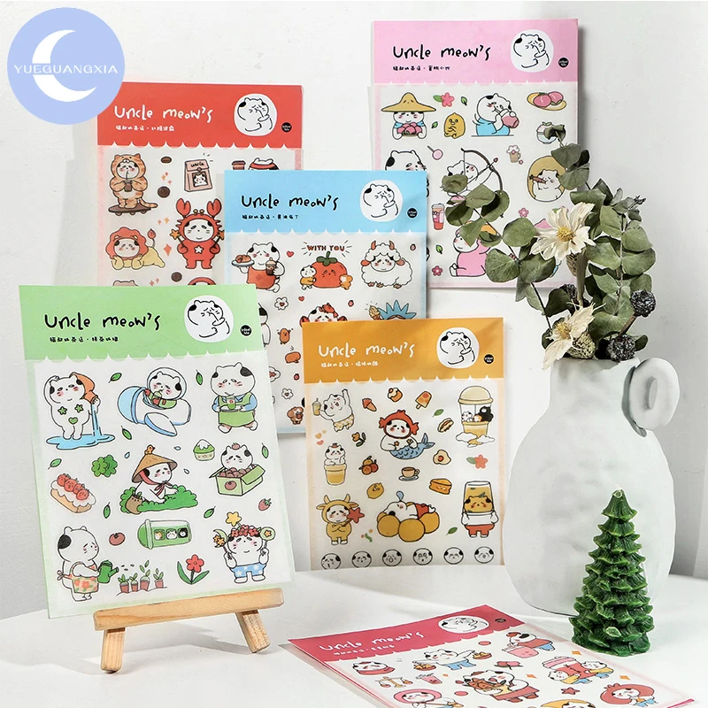 

YueGuangXia 6 Designs Unclecat Milktea Free Time Deco Diary Stickers Scrapbooking Planner Decorative Stationery Stickers 1Pc/bag