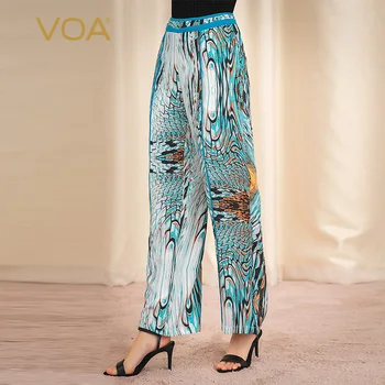 

VOA blue 30 mm weight silk abstract print color collage middle waist insert bag simple casual straight trousers K1125