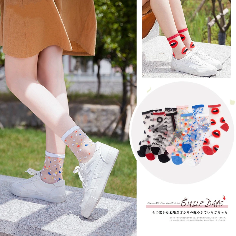 

Spring Summer Ultra-thin Glass filament Socks Woman Printing Dots Korean Style Silk Socks Cute Stripe Transparent Socks 2019