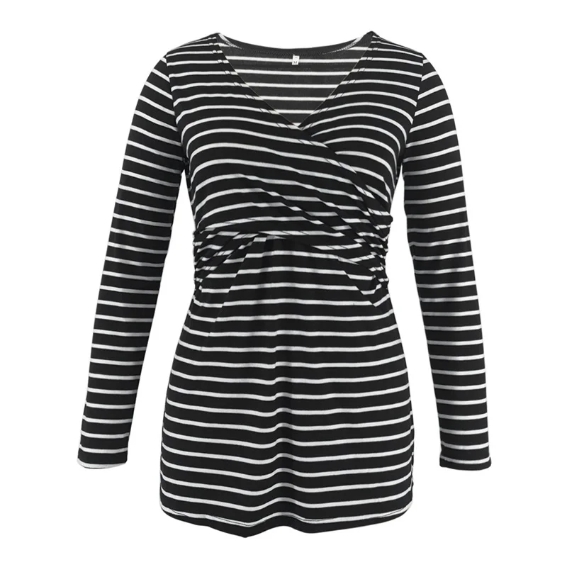 Black stripe Автономная горячая Распродажа Весенняя и осенняя одежда для беременных женщин футболка с глубоким v-образным вырезом и длинным рукавом с принтом крест-Грудное вскармливание - Цвет: Black stripe