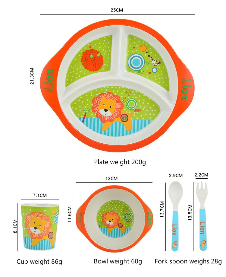 Бамбуковое волокно, набор детской посуды, креативная мультяшная чаша, разделенная тарелка, вилка, ложка, посуда, набор из 5 предметов, Студенческая посуда