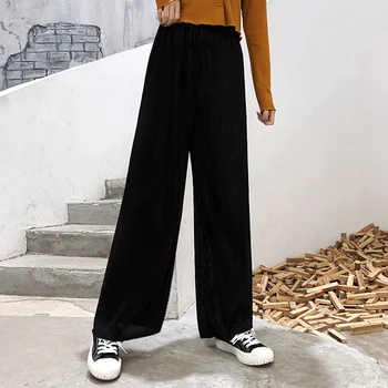 

Korean Fashion High Waist Striped Women's Mopping Pants Loose Casual Female Thinness Drawstring Wide Leg Trousers Summer 2020
