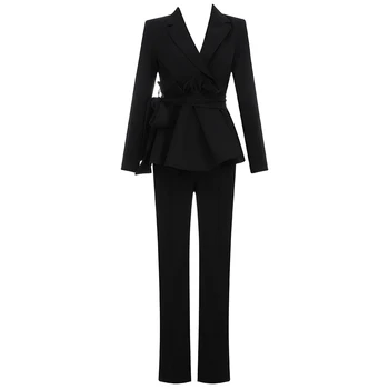 

ADYCE 2020 Spring New Black Belt Celebrity Party Party Two Piece Casual V-Neck Long Sleeve Jacket and Pants Club Set Vestidos