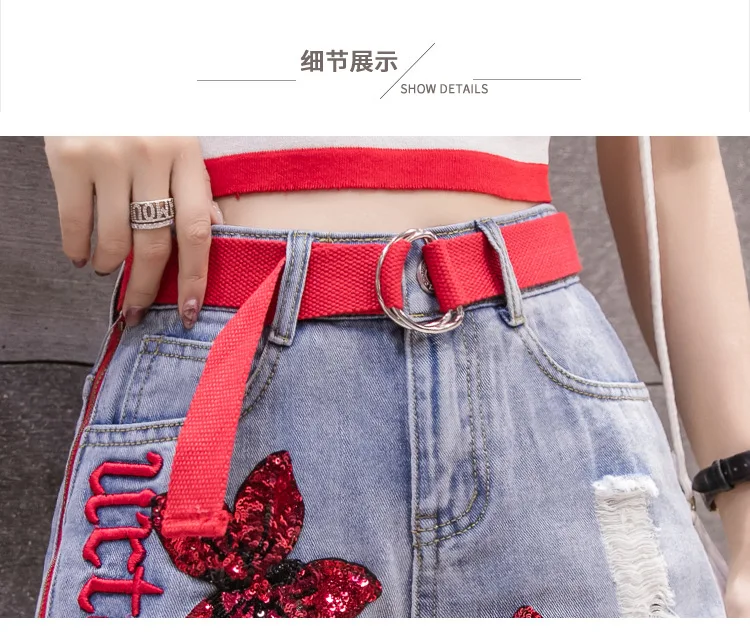 Джинсовые шорты с вышитыми цветами и пайетками, женские джинсовые шорты Ozhouzhan, с боковой молнией, с надписью, с дырками, с высокой талией, популярные штаны с блестками красного цвета