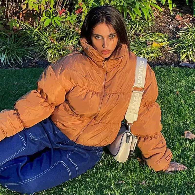 Autumn Winter Women Loose Puffer Jacket Thick Warm Bubble Coats Parkas Down Zipper Cropped Jacket Parkas Stand Collar