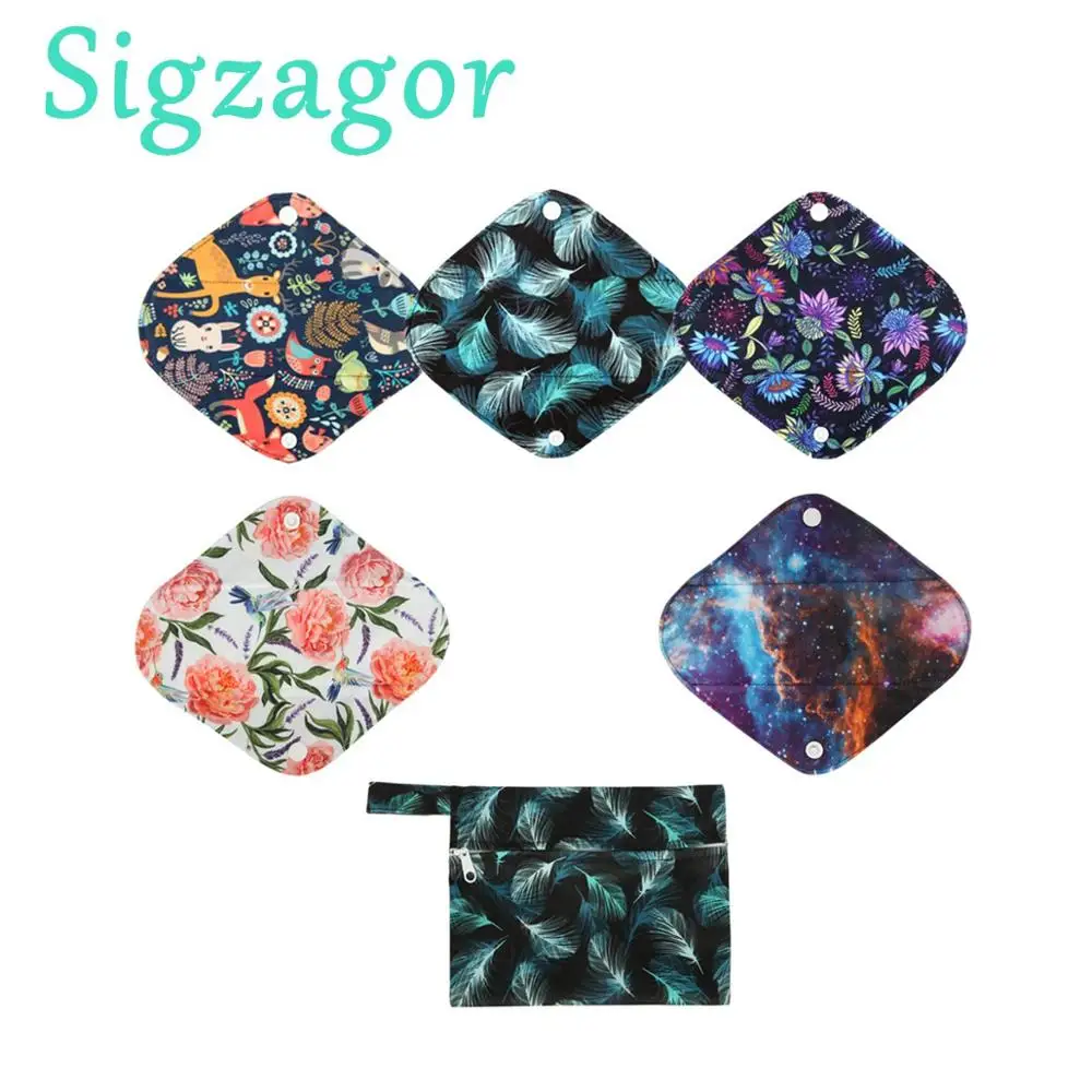 [Sigzagor] 5+1 Set Small Panty Liners Cloth Menstrual Pads RANDOM Prints Bamboo Charcoal Sanitary Washable Reusable