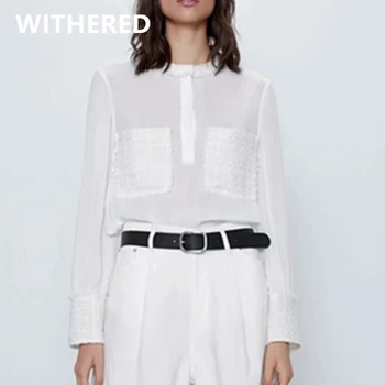 

Withered england office lady vintage tweed splicing pockets blouse women blusas mujer de moda 2020 shirt womens tops plus size