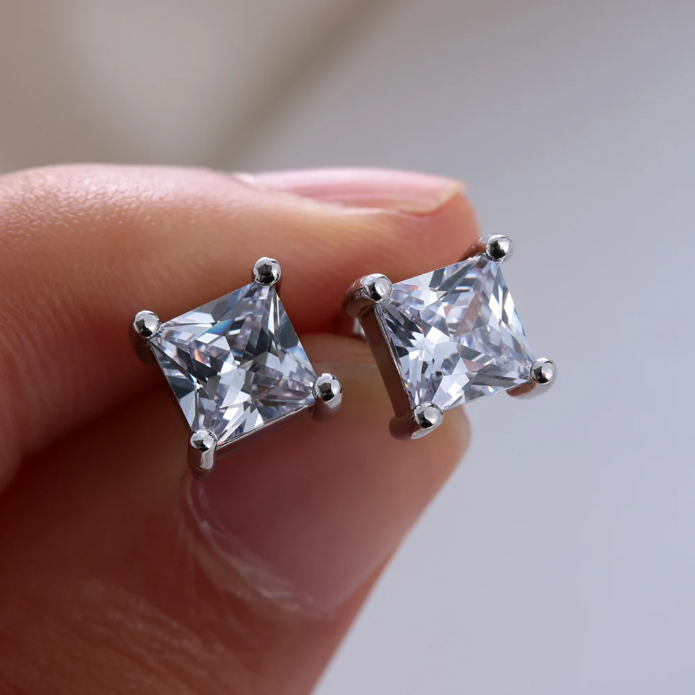Pendientes de circonia cúbica para hombre y mujer, aretes brillantes cuadrados, color blanco, joya de compromiso para boda, 1 par - AliExpress y accesorios
