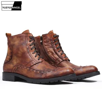 

Casual Boots Men British Style Zip Work Shoes Vintage Handmade High Top 100% Real Leather Motorcycle Boots Black Brown