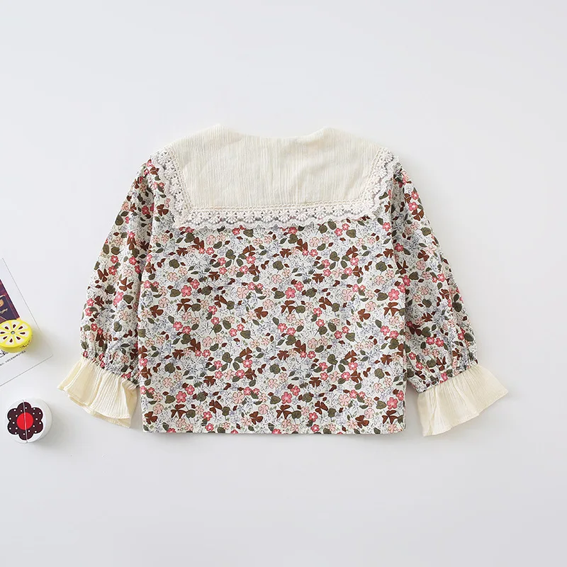 Новые осенние кружевные блузки с цветочным рисунком для маленьких детей; рубашки принцессы с оборками и рукавами в Корейском стиле для маленьких девочек; милые топы